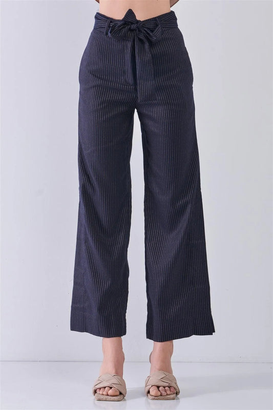 Navy & Gold Striped High Waist Detachable Self-Tie Belt Slit Sides Detail Wide Leg Pants /3-2-1 - Tasha Apparel Wholesale