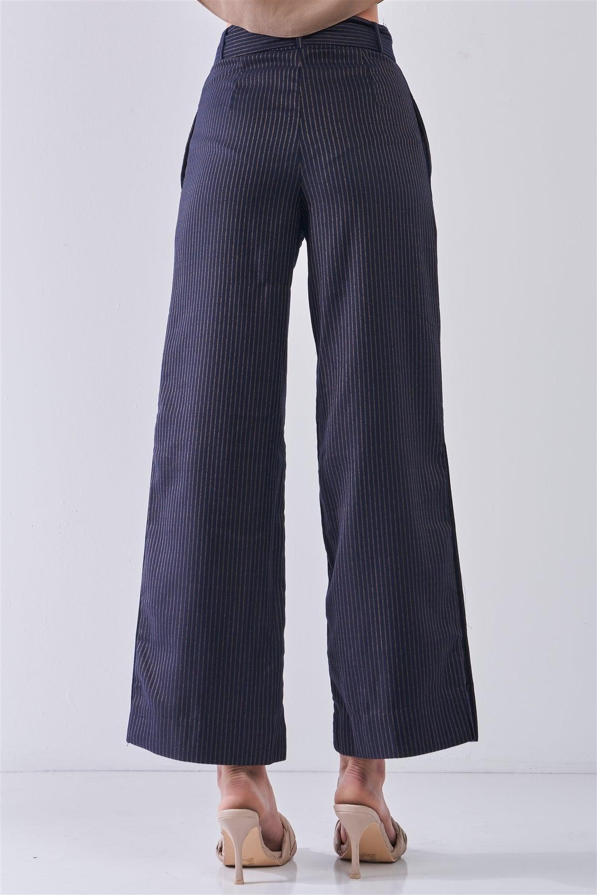 Navy & Gold Striped High Waist Detachable Self-Tie Belt Slit Sides Detail Wide Leg Pants /3-2-1