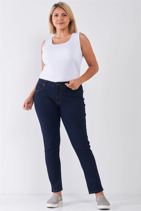 Junior Plus Dark Blue Denim Mid-Rise Skinny Jeans /1-2-3-3-2-1 - Tasha Apparel Wholesale