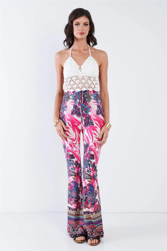 White Pink Crochet Halter Neck Open Back Floral Wide Leg Jumpsuit /2-2-2 - Tasha Apparel Wholesale