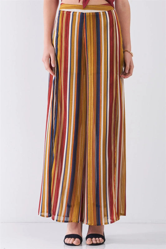 Mustard Multicolor Striped Glitter Stitching High Waist Side Slit Detail Wide Leg Pants /3-2-1 - Tasha Apparel Wholesale