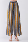 Navy Multicolor Striped Glitter Stitching High Waist Thigh-High Side Slit Detail Wide Leg Pants /3-2-1