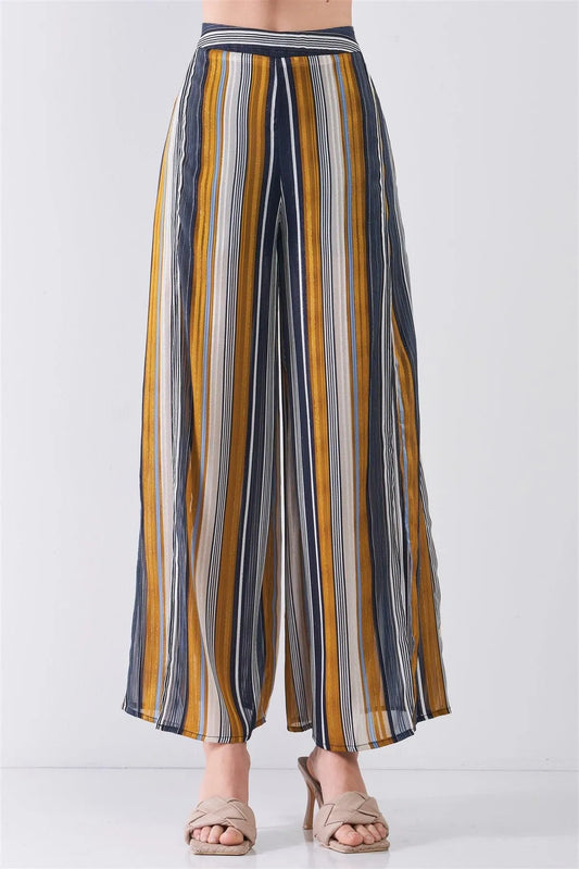 Navy Multicolor Striped Glitter Stitching High Waist Thigh-High Side Slit Detail Wide Leg Pants /3-2-1 - Tasha Apparel Wholesale
