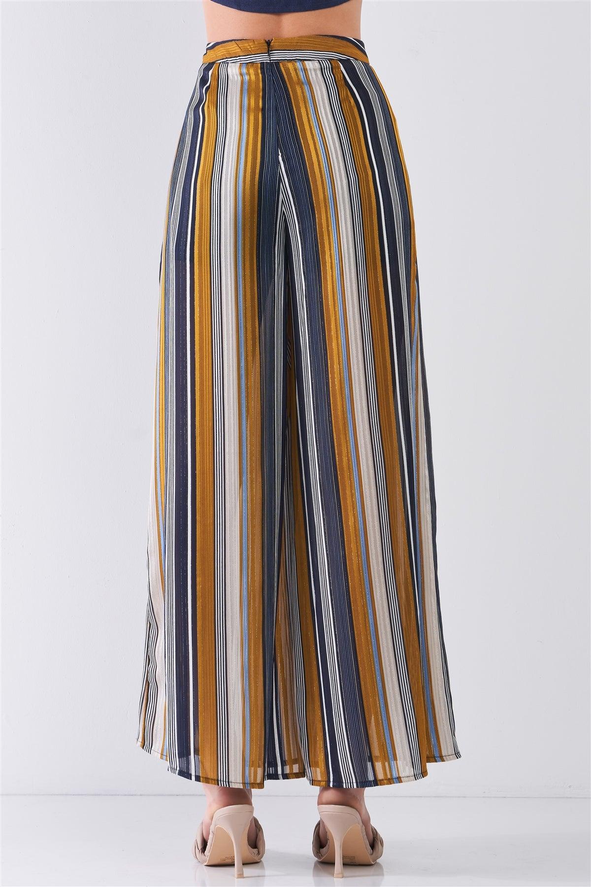 Navy Multicolor Striped Glitter Stitching High Waist Thigh-High Side Slit Detail Wide Leg Pants /3-2-1
