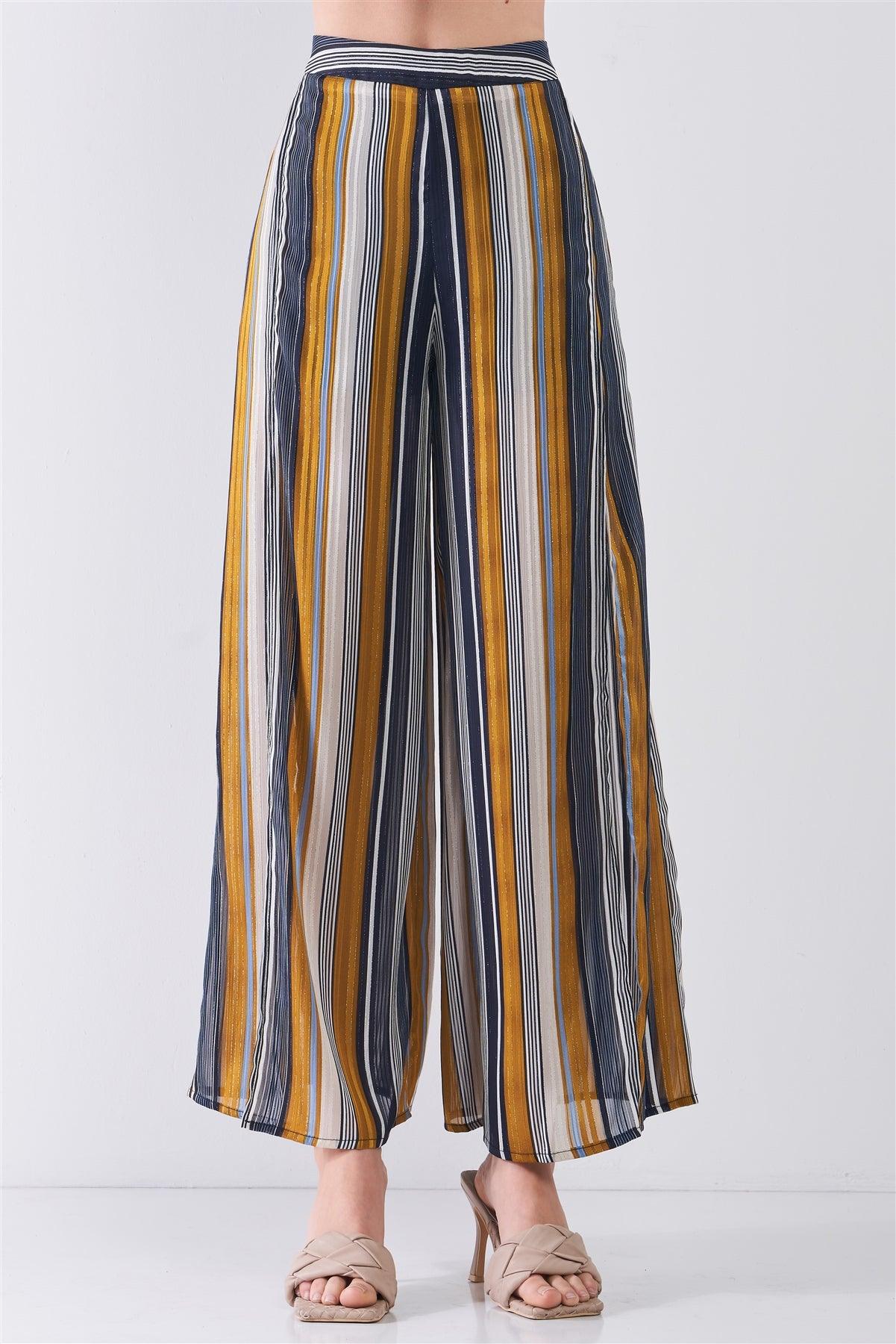 Navy Multicolor Striped Glitter Stitching High Waist Thigh-High Side Slit Detail Wide Leg Pants