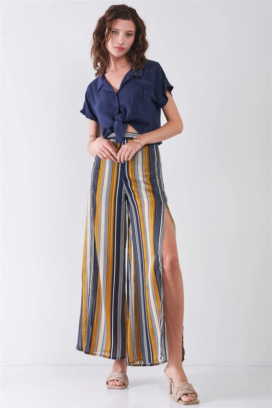 Striped Glitter Stitching High Waist Side Slit Wide Leg Pants - Tasha Apparel Wholesale