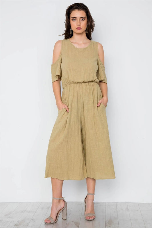 Mustard Olive Cold Shoulder Capri Boho Jumpsuit / 1-2-2 - Tasha Apparel Wholesale