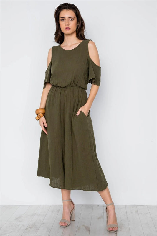 Olive Cold Shoulder Capri Boho Jumpsuit - Tasha Apparel Wholesale