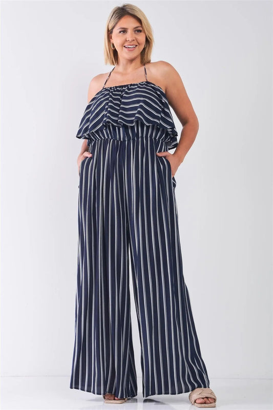 Junior Plus Size Navy White Wide Leg Jumpsuit /2-2-2 - Tasha Apparel Wholesale