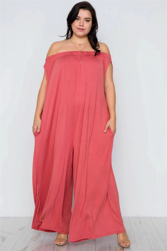 Plus Size Coral Basic Off-The-Shoulder Jumpsuit / 2-2-2 - Tasha Apparel Wholesale