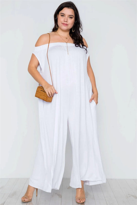 Plus Size White Off-The-Shoulder Loose Fit Jumpsuit / 1-3-3 - Tasha Apparel Wholesale