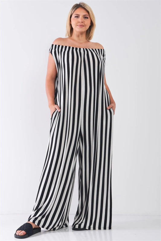 Plus Size Black & White Off-The-Shoulder Stripe Jumpsuit / 2-2-2 - Tasha Apparel Wholesale