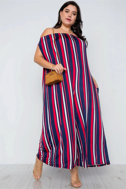 Plus Size Navy Red Off-The-Shoulder Stripe Jumpsuit / 2-2-2 - Tasha Apparel Wholesale