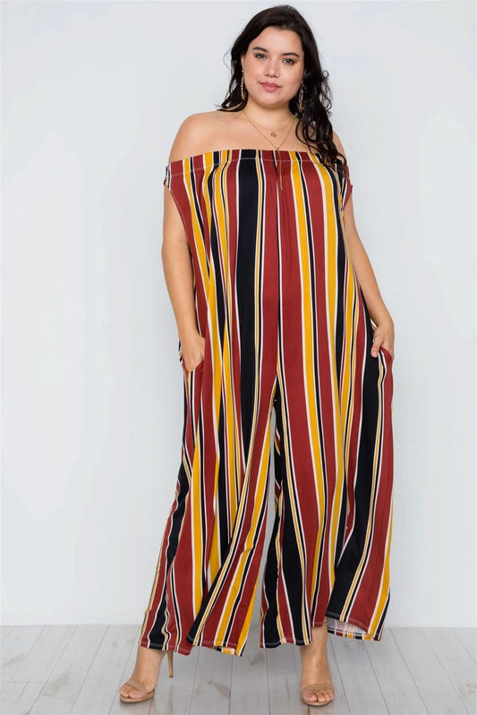 Plus Size Mustard Brown Off-The-Shoulder Stripe Jumpsuit / 2-2-2 - Tasha Apparel Wholesale