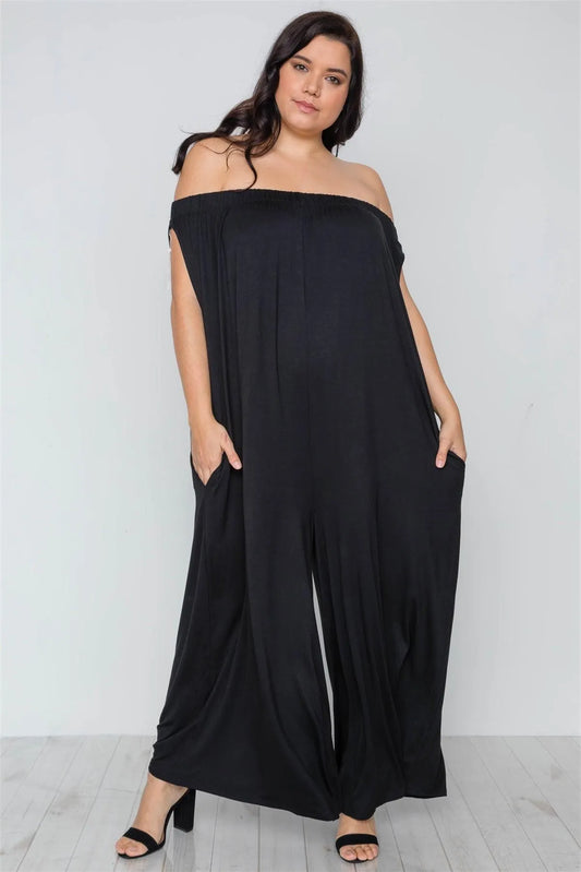 Plus Size Black Basic Off-The-Shoulder Jumpsuit /2-2 - Tasha Apparel Wholesale