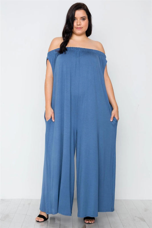 Junior Plus Size Denim Blue Basic Off-The-Shoulder Jumpsuit / 2-2-2 - Tasha Apparel Wholesale