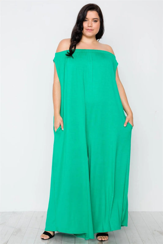 Plus Size Kelly Green Basic Off-The-Shoulder Jumpsuit - Tasha Apparel Wholesale