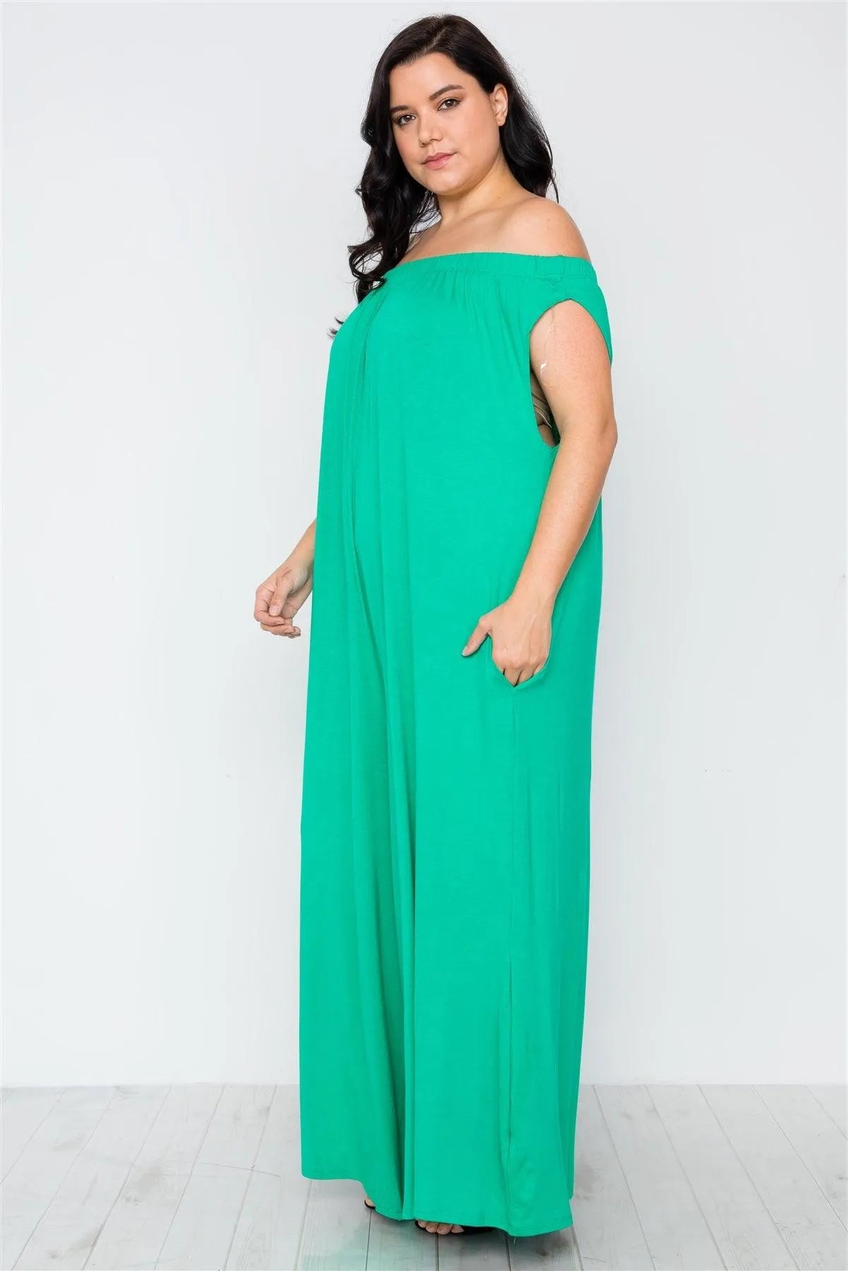 Plus Size Kelly Green Basic Off-The-Shoulder Jumpsuit Plus Size Kelly Green Basic Off-The-Shoulder Jumpsuit