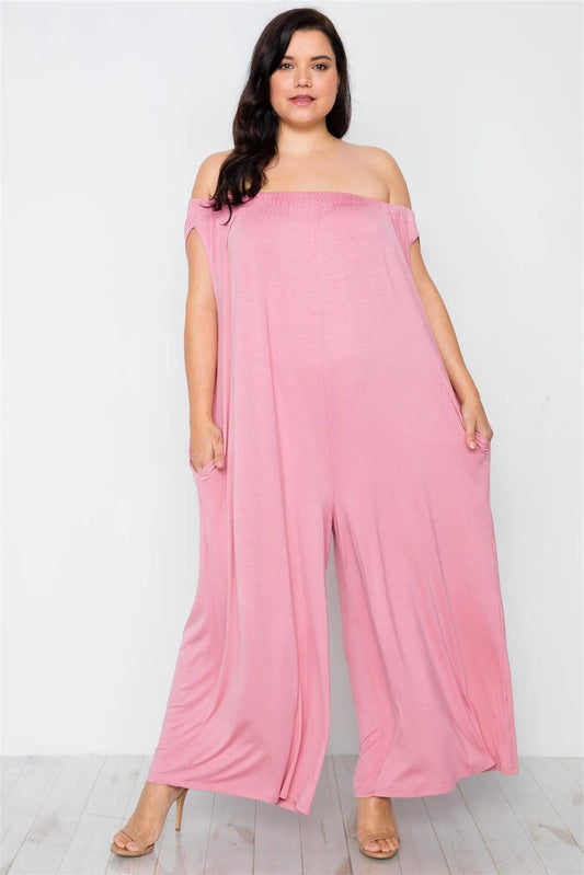 Junior Plus Size Mauve Basic Off-The-Shoulder Jumpsuit / 2-2-2 - Tasha Apparel Wholesale