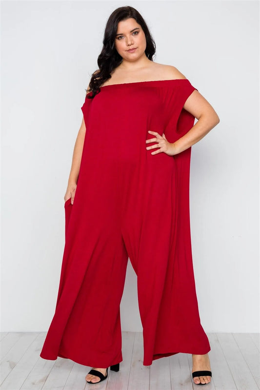 Plus Size Red Basic Off-The-Shoulder Jumpsuit /1-2-3 - Tasha Apparel Wholesale