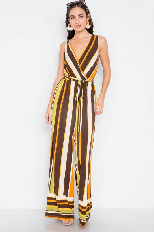 Brown Multi V-neck Sash Flare Leg Jumpsuit - Tasha Apparel Wholesale