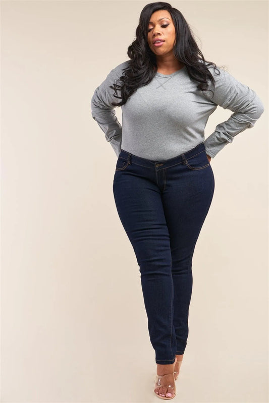 Plus Size Dark Blue Low-Mid Rise Straight Cut Denim Pants /1-2-3-3-2-1 - Tasha Apparel Wholesale