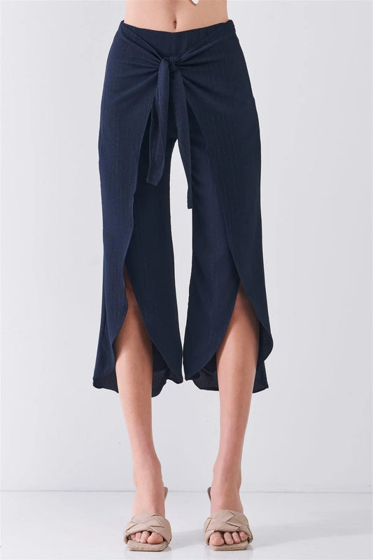 Navy Silver Weave Open Wrap Leg Front Wrap Tie Pants /3-2-1 - Tasha Apparel Wholesale