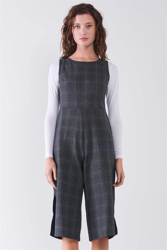 Dark Grey Preppy Sleeveless Glen Check Print Round Neck Slit Detail Wide Leg Midi Jumpsuit /2-2-2 - Tasha Apparel Wholesale