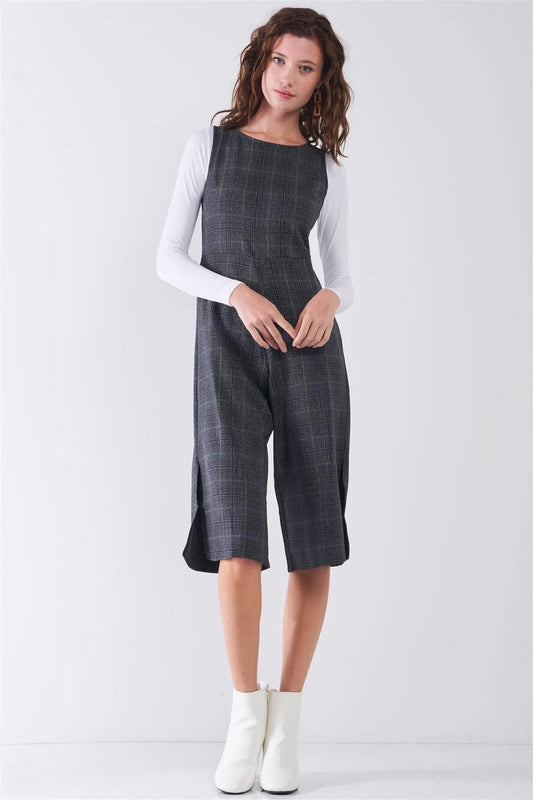 Dark Grey Preppy Sleeveless Glen Check Print Round Neck Slit Detail Wide Leg Midi Jumpsuit - Tasha Apparel Wholesale