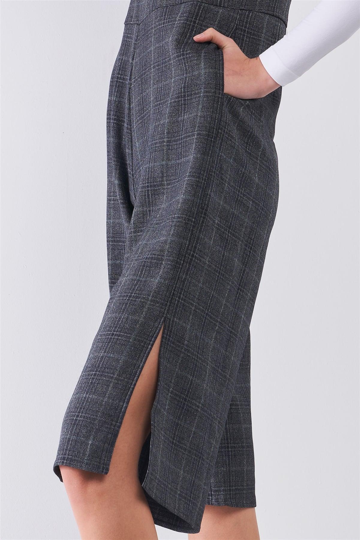 Dark Grey Preppy Sleeveless Glen Check Print Round Neck Slit Detail Wide Leg Midi Jumpsuit