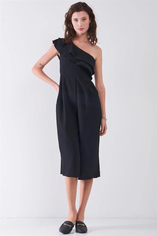 Black One-Shoulder Ruffle Wide Leg Midi Jumpsuit - Tasha Apparel Wholesale