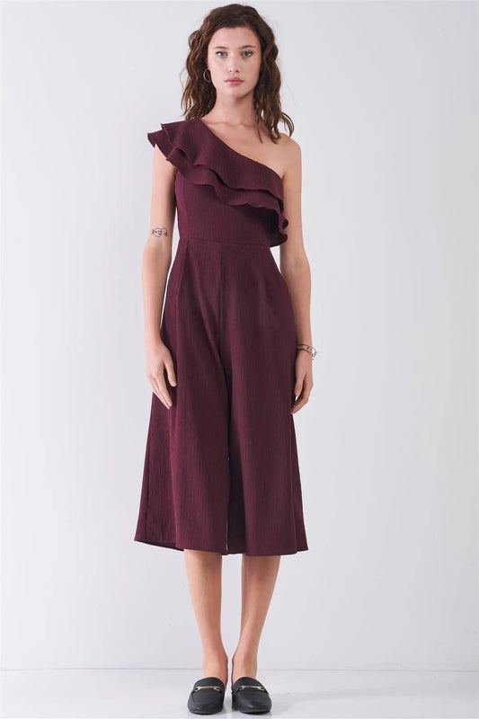 Wine Red Sleeveless One-Shoulder Ruffle Detail Wide Leg Midi Jumpsuit /3-2-1 - Tasha Apparel Wholesale