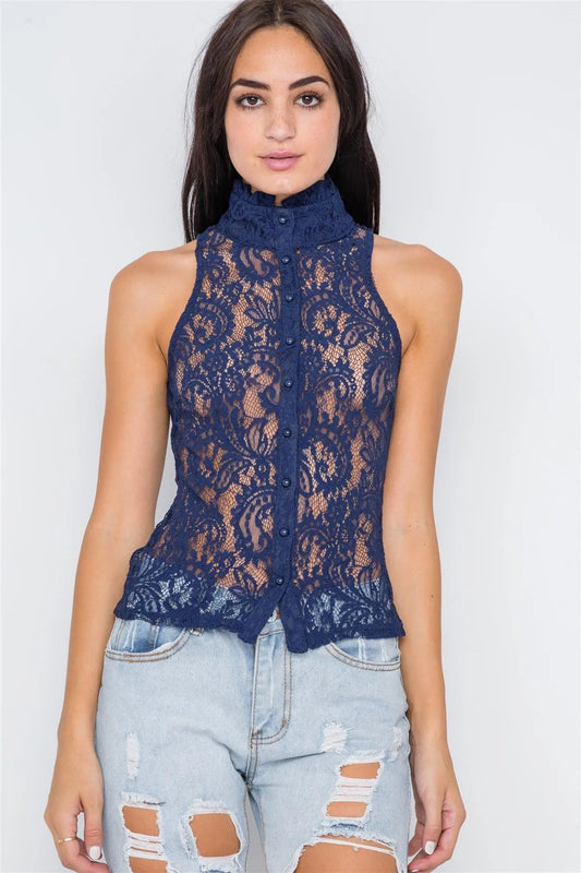 Navy Blue Mock-Neck Sheer Button Down Lace Top - Tasha Apparel Wholesale