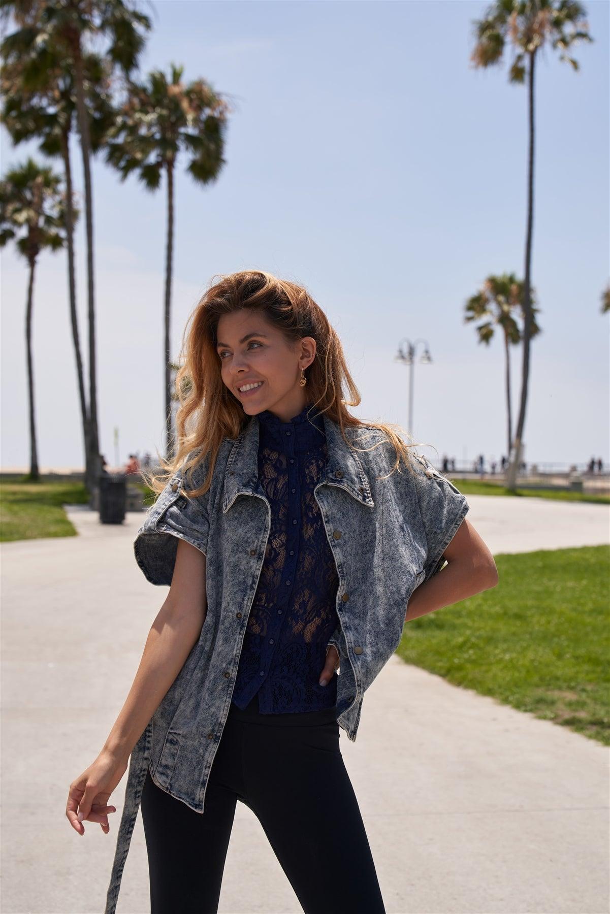 Navy Blue Mock-Neck Sheer Button Down Lace Top