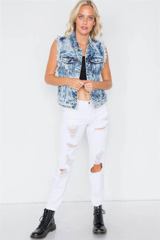 Dark Denim Distressed Retro Chic Acid Washed Vest /2-2-2 - Tasha Apparel Wholesale