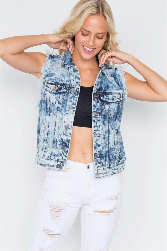 Dark Denim Distressed Retro Chic Acid Washed Vest /2-2-3 - Tasha Apparel Wholesale