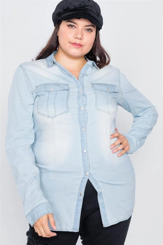Plus Size Light Wash Denim Button Down Long Sleeve Top /3-1 - Tasha Apparel Wholesale