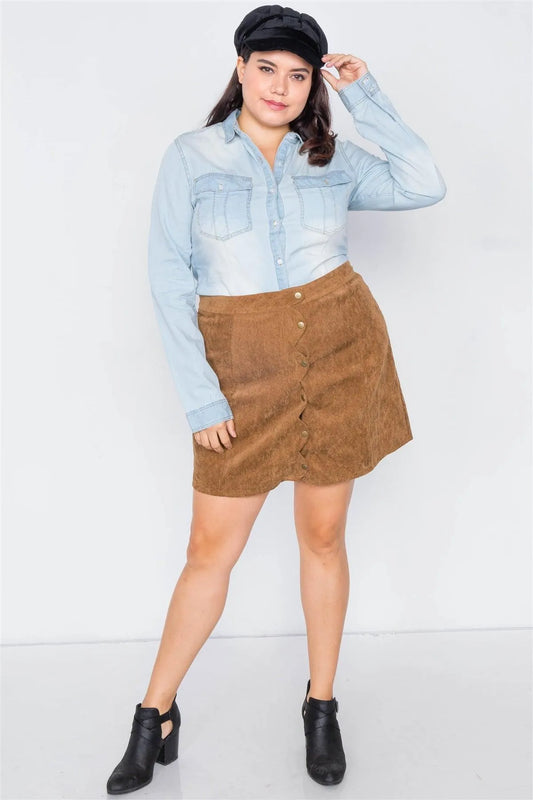 Plus Size Light Wash Denim Button Down Long Sleeve Top /1-2-3 - Tasha Apparel Wholesale
