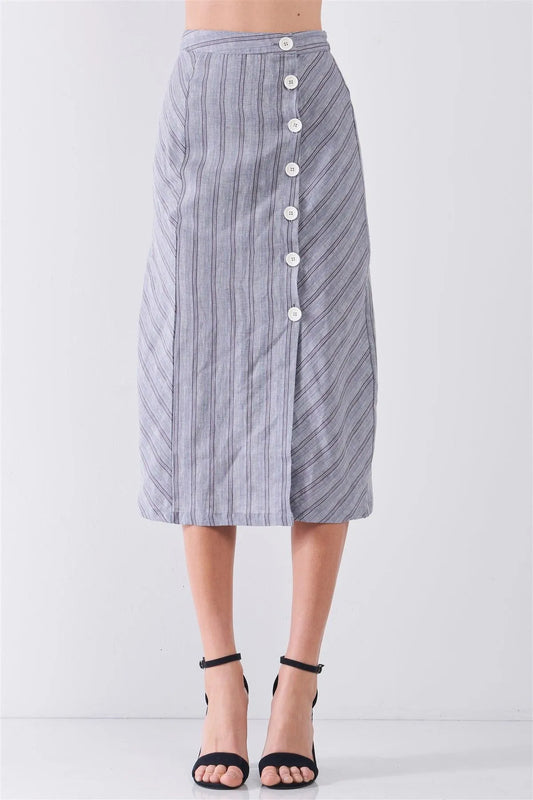 Blue-Grey Striped High Waist Side Button-Down Trim Slit Detail Pencil Fit Linen Midi Skirt /3-2-1 - Tasha Apparel Wholesale
