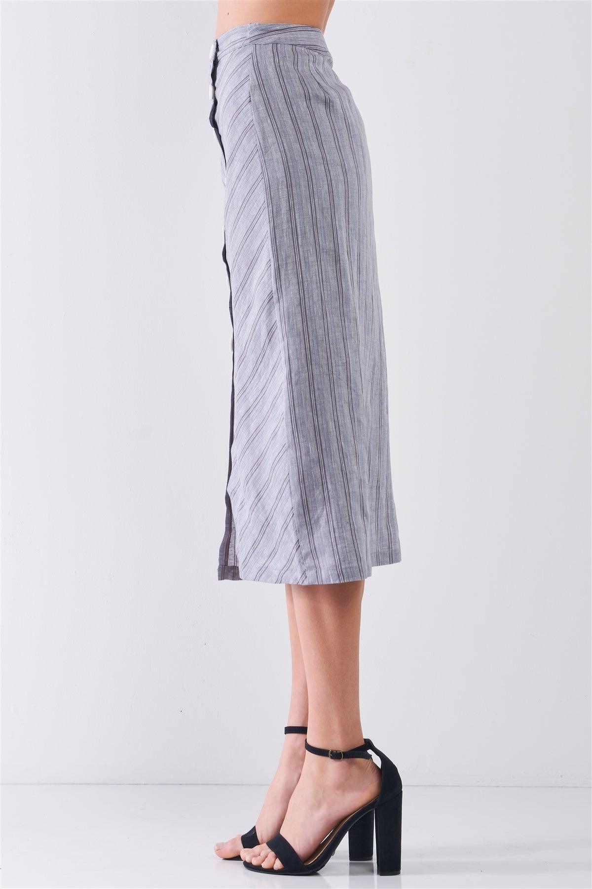 Blue-Grey Striped High Waist Side Button-Down Trim Slit Detail Pencil Fit Linen Midi Skirt /3-2-1