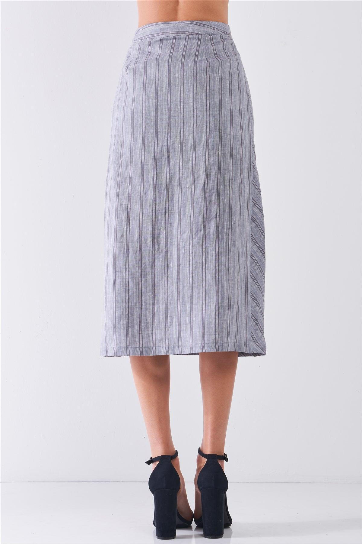 Blue-Grey Striped High Waist Side Button-Down Trim Slit Detail Pencil Fit Linen Midi Skirt /3-2-1