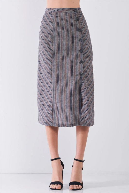 Navy Striped High Waist Side Button-Down Trim Slit Detail Pencil Fit Linen Midi Skirt /3-2-1 - Tasha Apparel Wholesale