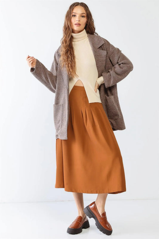 Camel Pleated High Waist Midi Skirt /2-2-2 - Tasha Apparel Wholesale