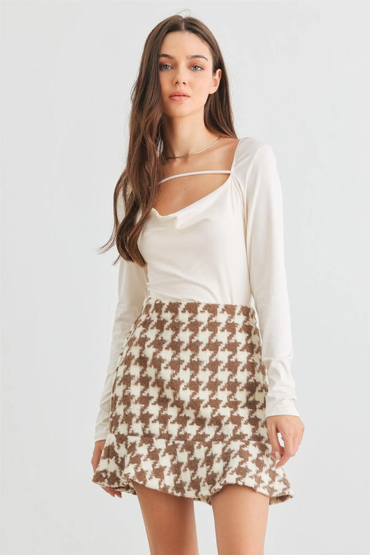 Brown & Ivory Abstract Fuzzy High Waist Mini Skirt /3-2-2 - Tasha Apparel Wholesale