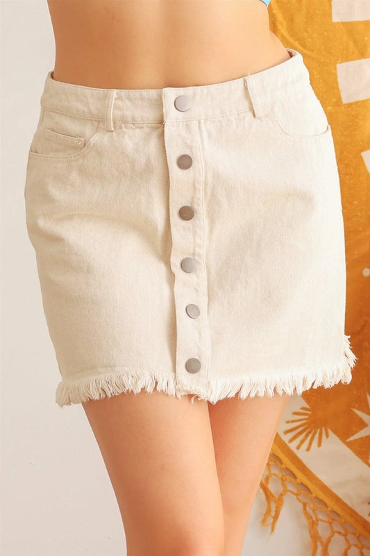 Oatmeal Cotton Button-Up High Waist Raw Hem Mini Skirt /2-2-2 - Tasha Apparel Wholesale