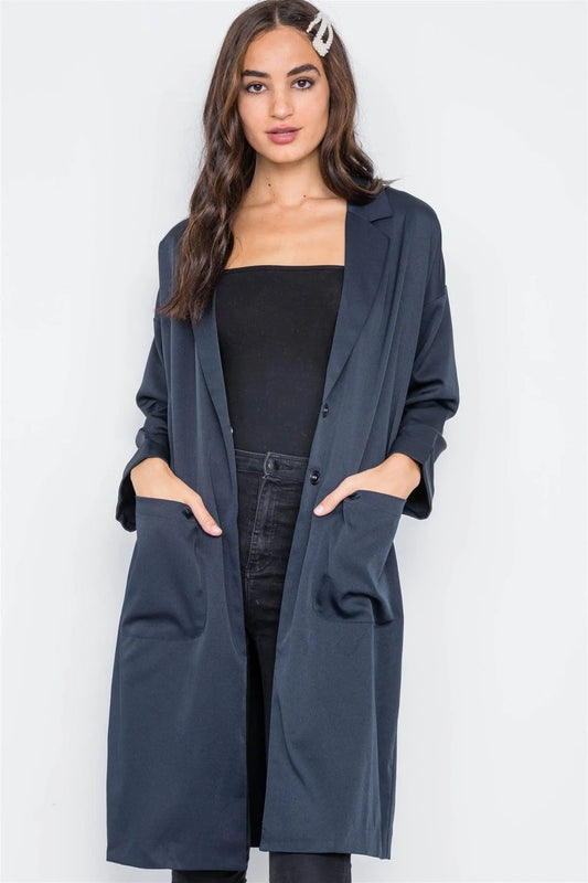 Navy Lightweight Longline Button Front Jacket /3-2-1 - Tasha Apparel Wholesale