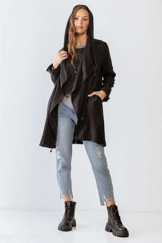 Black Asymmetrical Draped Zip Up Wide Lapel Collar Hooded Jacket /2-4 - Tasha Apparel Wholesale