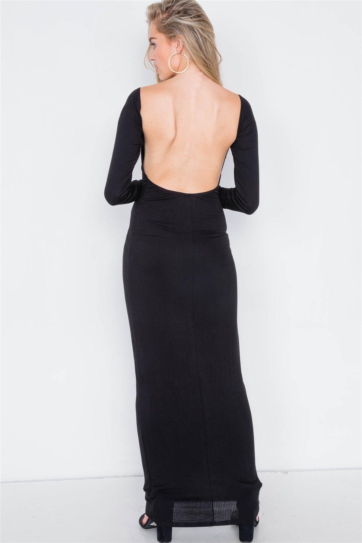 Black Open-Back Ribbed Black Maxi Dress /2-2-2