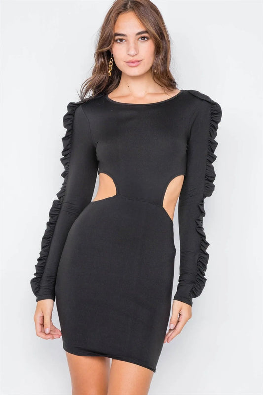 Solid Black Cut-Out Flounce Sleeve Trim Mini Dress /2-2-2 - Tasha Apparel Wholesale