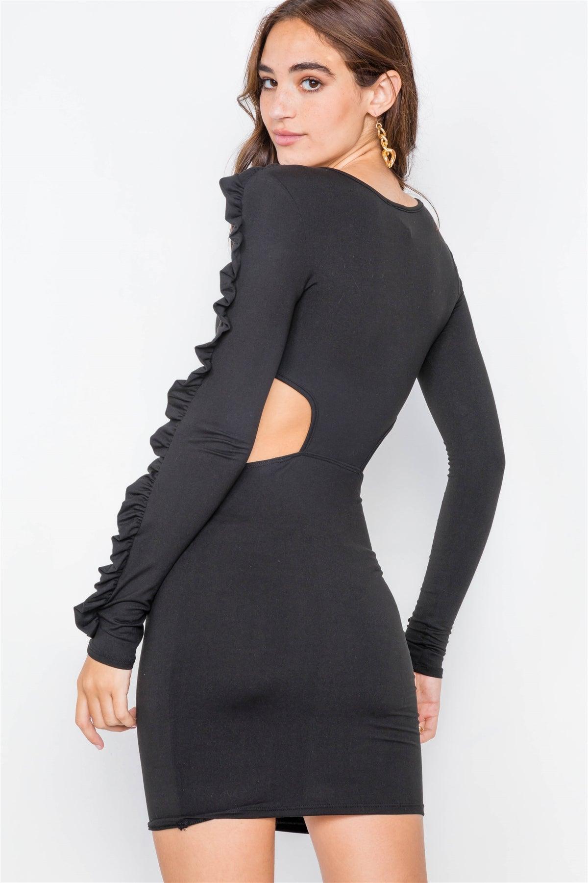 Solid Black Cut-Out Flounce Sleeve Trim Mini Dress /2-2-2